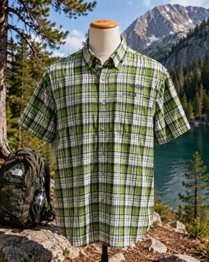 The North Face Cotton Green Plaid Button Up Short Sleeve Shirt~Size 2XL Outdoor